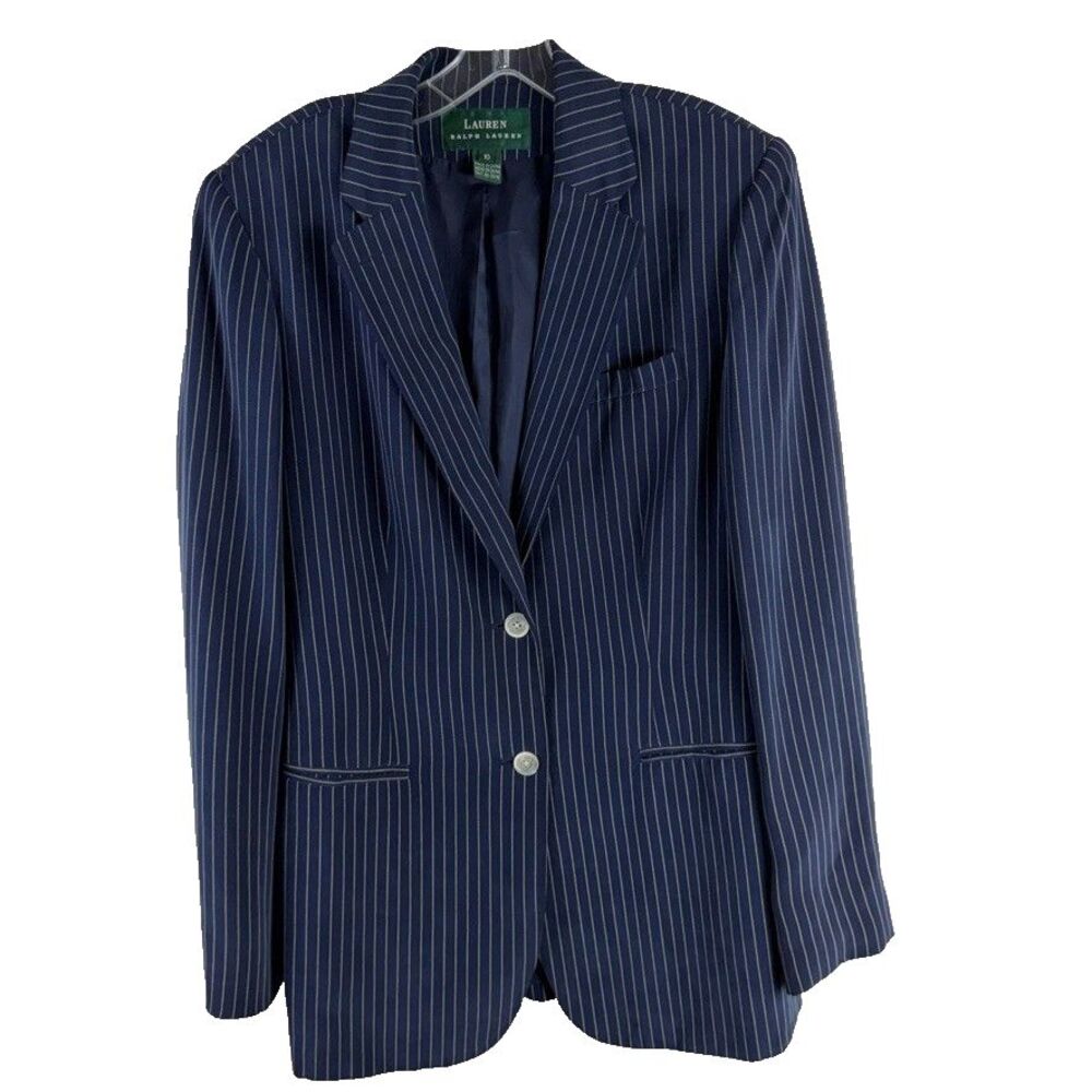 VTG Lauren Ralph Lauren 100% Silk Pinstripe Blazer Jacket Navy Blue Womens 10